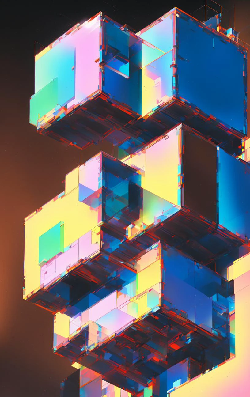 bb3l15, a colorful diagonal abstract structure made of Cube and over a square brown background <lora:bb3l15:1>
