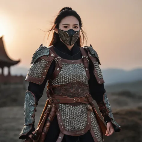 cinematic film still <lora:Qigeä¸å½ç²è(Chinese_armor)SDXL_v1.0:0.65>,a 20 year old chinese girl,Chinese_armor, realistic,solo,This girl is a killer with long hair, (wearing a metal mask that covers her mouth), crouching on the roof, holding a sword in her hand, and the background is a full moon night,detailed_eyes, shoulder_armor,helmet,breasts,(masterpiece:1.2), (best quality:1.2), perfect eyes, perfect face, perfect lighting, (8K),(perfect anatomy),(highres), . shallow depth of field, vignette, highly detailed, high budget, bokeh, cinemascope, moody, epic, gorgeous, film grain, grainy