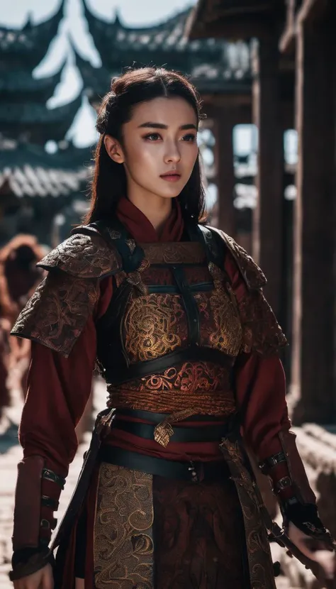 cinematic photo (masterpiece:1.2), (best quality:1.2), perfect eyes, perfect face, perfect lighting, (8K),(perfect anatomy),(highres), full body,
red Chinese_armor, Women's armor,a 20 year old chinese girl,detailed_eyes,QXjia,In the context of an ancient city,
<lora:Qigeä¸å½ç²è(Chinese_armor)SDXL_v1.0:0.5> . 35mm photograph, film, bokeh, professional, 4k, highly detailed