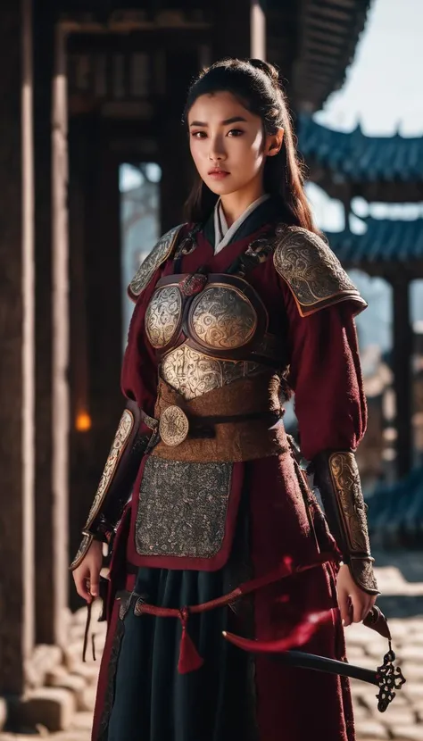 cinematic photo (masterpiece:1.2), (best quality:1.2), perfect eyes, perfect face, perfect lighting, (8K),(perfect anatomy),(highres), full body,
red Chinese_armor, Women's armor,a 20 year old chinese girl,detailed_eyes,QXjia,In the context of an ancient city,
<lora:Qigeä¸å½ç²è(Chinese_armor)SDXL_v1.0:0.5> . 35mm photograph, film, bokeh, professional, 4k, highly detailed