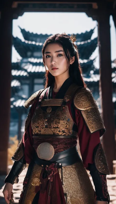 cinematic photo (masterpiece:1.2), (best quality:1.2), perfect eyes, perfect face, perfect lighting, (8K),(perfect anatomy),(highres), full body,
red Chinese_armor, Women's armor,a 20 year old chinese girl,detailed_eyes,QXjia,In the context of an ancient city,
<lora:Qigeä¸å½ç²è(Chinese_armor)SDXL_v1.0:0.5> . 35mm photograph, film, bokeh, professional, 4k, highly detailed