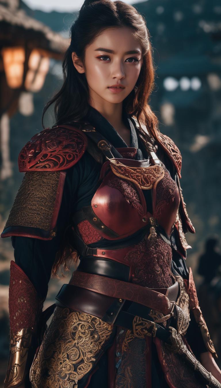 A woman in a red and gold outfit standing in front of a hut - SeaArt AI