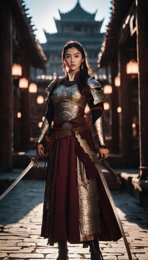 cinematic photo (masterpiece:1.2), (best quality:1.2), perfect eyes, perfect face, perfect lighting, (8K),(perfect anatomy),(highres), (full body:1.1),
red Chinese_armor, Women's armor,a 20 year old chinese girl,detailed_eyes,Menggujia,In the context of an ancient city,Combat posture, long sword,
<lora:Qigeä¸å½ç²è(Chinese_armor)SDXL_v1.0:0.5> . 35mm photograph, film, bokeh, professional, 4k, highly detailed