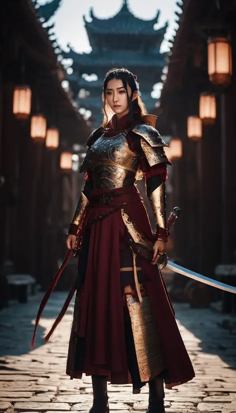 cinematic photo (masterpiece:1.2), (best quality:1.2), perfect eyes, perfect face, perfect lighting, (8K),(perfect anatomy),(highres), (full body:1.1),
red Chinese_armor, Women's armor,a 20 year old chinese girl,detailed_eyes,QXjia,In the context of an ancient city,Combat posture, long sword,
<lora:Qigeä¸å½ç²è(Chinese_armor)SDXL_v1.0:0.5> . 35mm photograph, film, bokeh, professional, 4k, highly detailed