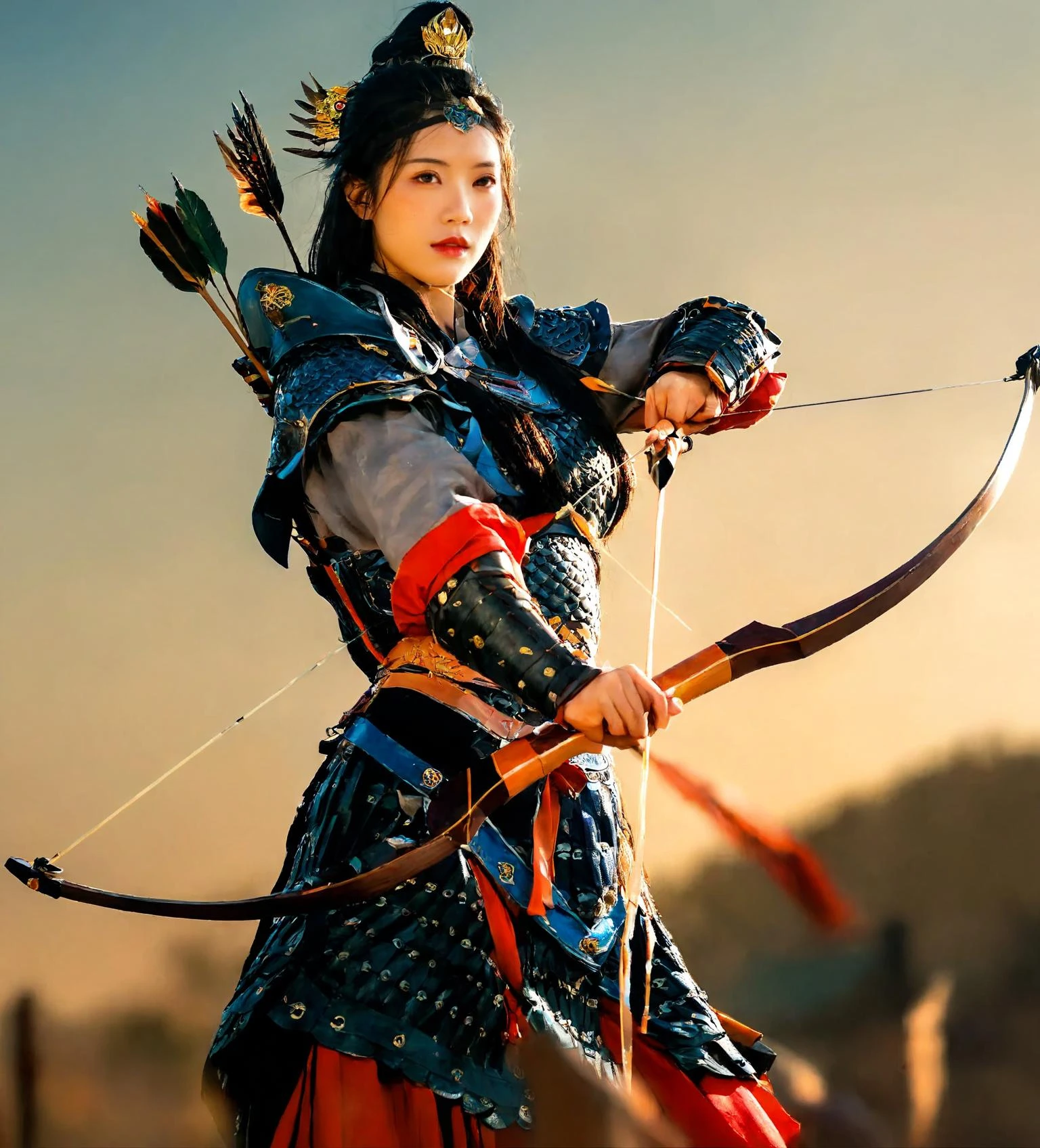 cinematic photo <lora:Qigeä¸å¼ç²è_44_3-000002:0.4>, a 20 year old chinese woman,Women's armor,Chinese_armor, realistic,solo,The vague background of ancient battlefields,Side view, Under strong sunlight,helmet, sheath, arrow_\(projectile\), bow_\(weapon\), holding_bow_\(weapon\),drawing_bow, holding_arrow, quiver, aiming, weapon, solo, holding_weapon, long black hair, archery, holding, breasts, lips, looking_at_viewer,shoulder_armor,(masterpiece:1.2), (best quality:1.2), perfect eyes, perfect face, perfect lighting, (8K),(perfect anatomy),(highres), . 35mm photograph, film, bokeh, professional, 4k, highly detailed