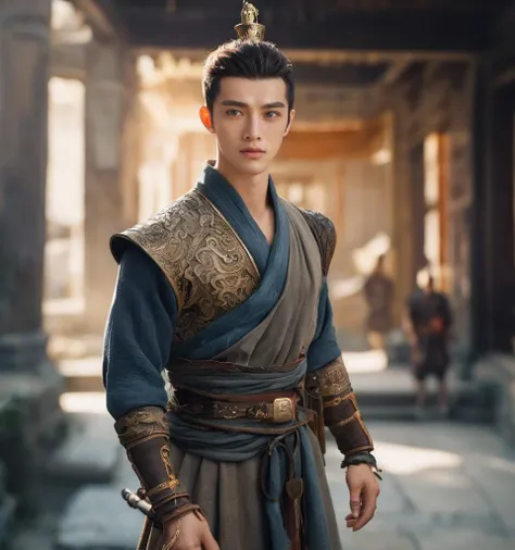 <lora:Qigeä¸å½ç²è(Chinese_armor)SDXL_v1.0:0.8>,a 25 year old chinese man,Qxjia, realistic,solo,Background of ancient Chinese cities,detailed_eyes,looking at viewer,(masterpiece:1.2), (best quality:1.2), perfect eyes, perfect face, perfect lighting, (8K),(perfect anatomy),(highres),