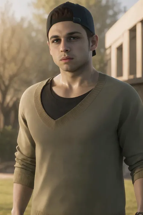 ((best quality)), ((masterpiece)), (detailed), solo, photo of  jacob_custos,  <lora:jacob_custos-10:0.75>, realistic, sweater, shirt, jeans, outdoors, blurry background, backwards cap, brown eyes