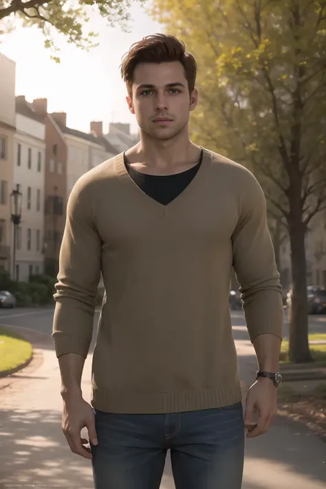 ((best quality)), ((masterpiece)), (detailed), solo, photo of jacob_custos, <lora:jacob_custos-10:0.50>, realistic, sweater, shirt, jeans, outdoors, brown eyes, brown hair