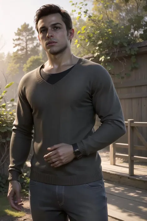 ((best quality)), ((masterpiece)), (detailed), solo, photo of jacob_custos, <lora:jacob_custos-10:0.75>, realistic, sweater, shirt, jeans, outdoors, brown eyes, brown hair