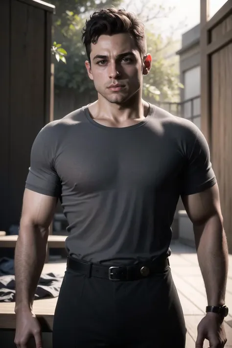 (full shot), intricate, elegant, masterpiece, best quality, highres, male focus, solo, photo of young 50s_jacob_cutos <lora:jacob_custos-10:0.50>, outdoors, charcoal grey shirt, trousers, black belt, sharp focus, photo by greg rutkowski, soft lighting, vibrant colors, (masterpiece), looking at viewer, (50's horror movie)