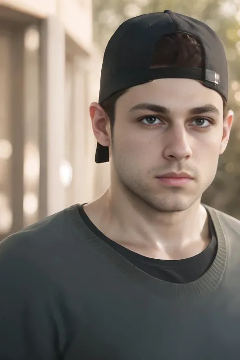 ((best quality)), ((masterpiece)), (detailed), solo, (full shot) photo of jacob_custos, <lora:jacob_custos-10:0.75>, realistic, sweater, shirt, jeans, outdoors, blurry background, backwards cap, brown eyes