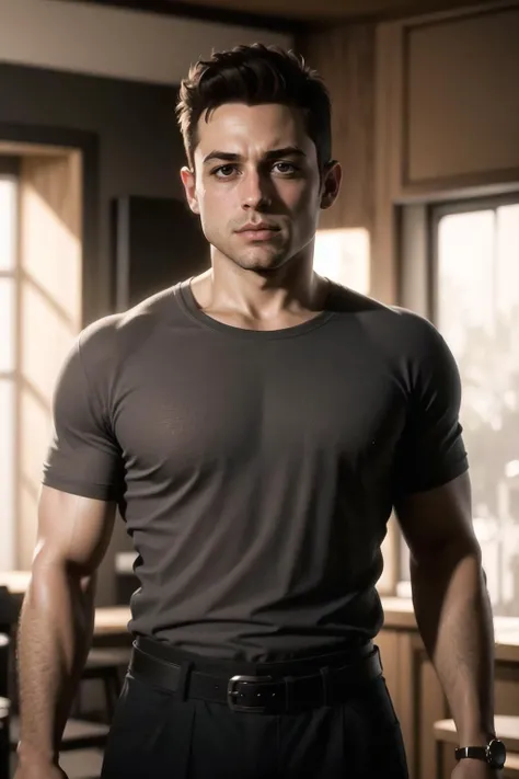 ((best quality)), ((masterpiece)), (detailed), intricate, elegant, male focus, solo, photo of young 50s_jacob_cutos <lora:jacob_custos-10:0.50>, outdoors, charcoal grey shirt, trousers, black belt, sharp focus, photo by greg rutkowski, soft lighting, vibrant colors, looking at viewer, (50's horror movie), (50's male hair), (style of Jack Kirby), (style of Steve Ditko)