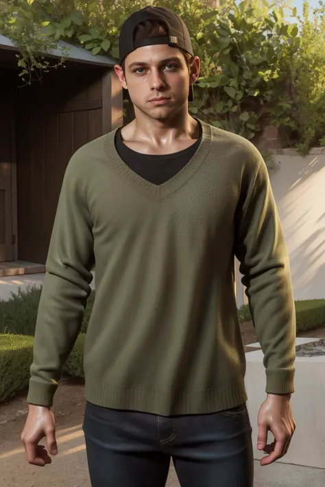 ((best quality)), ((masterpiece)), (detailed), solo, photo of  jacob_custos,  <lora:jacob_custos-10:0.75>, sweater, shirt, jeans, outdoors, brown eyes, backwards cap