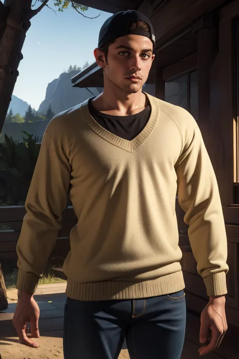 (full shot), intricate, elegant, masterpiece, best quality, highres, male focus, solo, photo of jacob_custos, <lora:jacob_custos-10:0.50>, sweater, shirt, jeans, outdoors, brown eyes, backwards cap, sharp focus, photo by greg rutkowski, soft lighting, vibrant colors, (masterpiece), looking at viewer