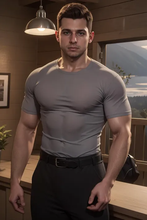 (full shot), intricate, elegant, masterpiece, best quality, highres, male focus, solo, photo of young (50s_jacob_cutos:1) <lora:jacob_custos-10:0.50>, outdoors, charcoal grey shirt, trousers, black belt, sharp focus, photo by greg rutkowski, soft lighting, vibrant colors, (masterpiece), looking at viewer, cabin in woods