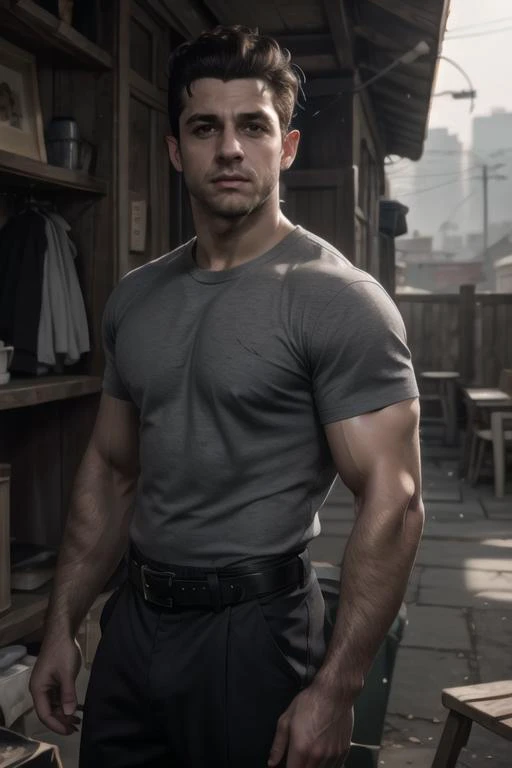 (1950's horror movie), soft lighting, vibrant colors, looking at viewer, male focus, solo, photo of young 50s_jacob_cutos <lora:jacob_custos-10:0.50>, outdoors, charcoal grey shirt, trousers, black belt, brown hair, best quality, masterpiece, realistic, cinematic composition, (detailed background), depth of field, intricate details, 8k, detailed skin texture, detailed face, realistic eyes, greaser