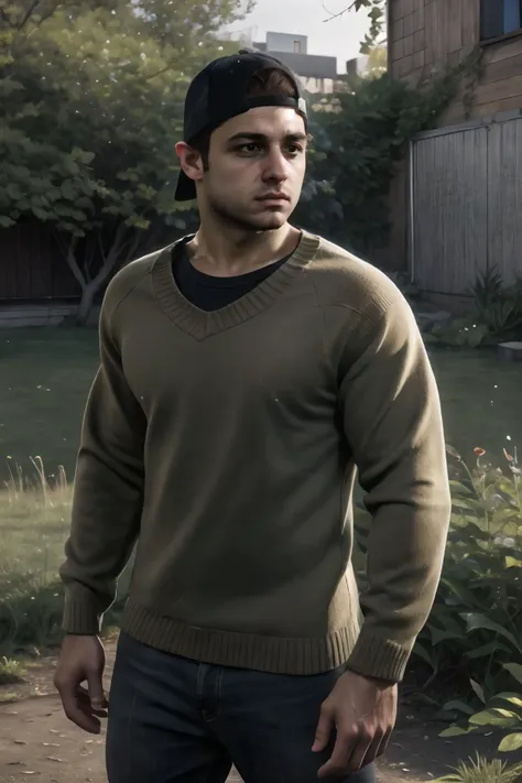 masterpiece, best quality, highres, male focus, solo, medium shot, photo of  jacob_custos,  <lora:jacob_custos-10:0.85>, sweater, shirt, jeans, outdoors, brown eyes, backwards cap