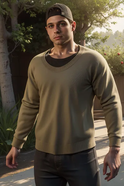 masterpiece, best quality, highres, male focus, solo, medium shot, photo of  jacob_custos,  <lora:jacob_custos-10:0.75>, sweater, shirt, jeans, outdoors, brown eyes, backwards cap