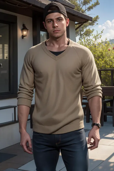 ((best quality)), ((masterpiece)), (detailed), solo, photo of jacob_custos, <lora:jacob_custos-10:0.50>, realistic, sweater, shirt, jeans, outdoors, brown eyes, baseball cap
