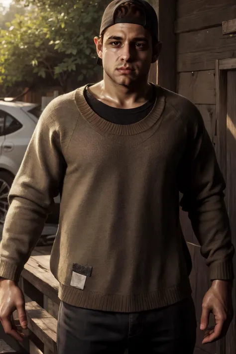 masterpiece, best quality, highres, male focus, solo, medium shot, photo of  jacob_custos,  <lora:jacob_custos-10:0.85>, sweater, shirt, jeans, outdoors, brown eyes, backwards cap