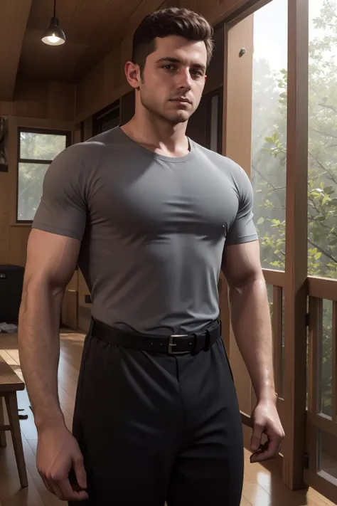 (full shot), intricate, elegant, masterpiece, best quality, highres, male focus, solo, photo of young (50s_jacob_cutos:1) <lora:jacob_custos-10:0.50>, outdoors, charcoal grey shirt, trousers, black belt, sharp focus, photo by greg rutkowski, soft lighting, vibrant colors, (masterpiece), looking at viewer, cabin in woods