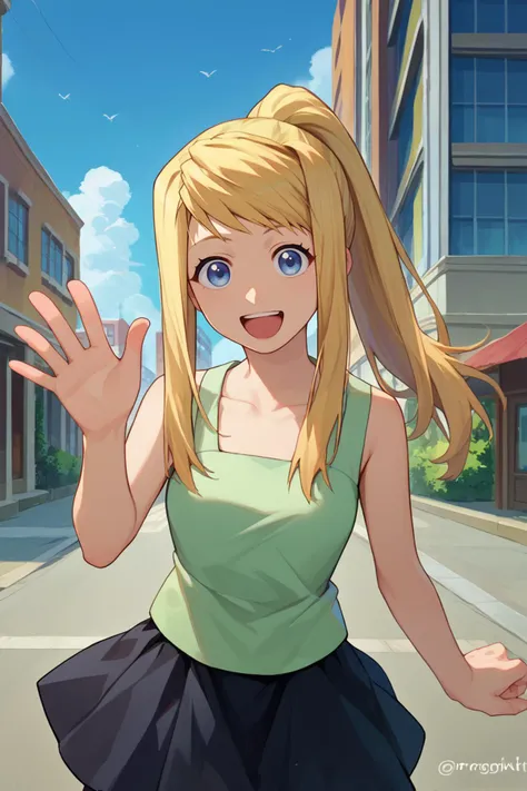 score_9, score_8_up, score_7_up, score_6_up, source_anime BREAK 1girl,  <lora:winry-pdxl-nvwls-v1-000006:1> winry rockbell, ponytail, green tank top, black skirt, looking at you, happy, open mouth, waving, city, blue sky,