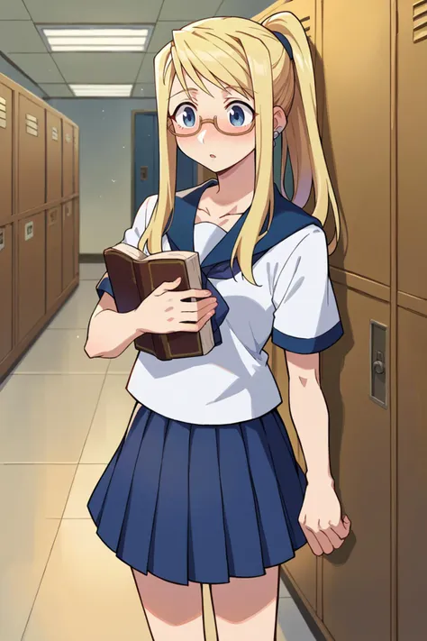 score_9, score_8_up, score_7_up, score_6_up, source_anime BREAK 1girl, solo  <lora:winry-pdxl-nvwls-v1-000006:1> winry rockbell, blonde hair, earrings, ponytail, blue sailor collar, white shirt, short sleeves, neckkerchief, pleated skirt, glasses, blush, holding book, hallway, lockers