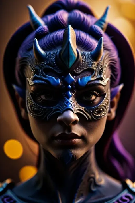 Qilin masquerade princess outfit, medieval clothing, halo rainbow colors, full face mask except eyes, detailed-amethysh-eyes, pr0f3ss10n4l, m4cr0, asian sun, oni, colossal dragon as background, god of wealth, avatar image <lora:Qilin:0.625> <lora:speedy1p5:1.15>