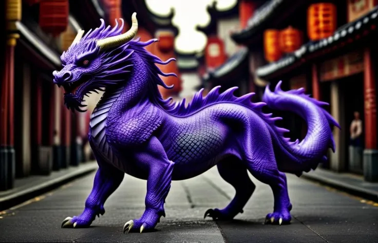 ((violet Qilin), the background is a decorated Chinese street full of pedestrians) <lora:Qilin:1.05> <lora:difConsistency_detail:0.25> <lora:more_details:0.45> <lora:speedy1p5:1.15>