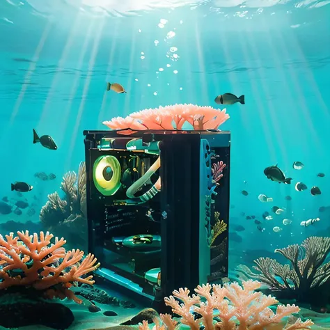 <lora:box-HXZ:0.8>no humans, Computer Case,color fan,((underwater)),(beautiful detailed water),((coral)),dynamic angle, floating,(detailed light),floating hair,(splash),((fishes)),leaves dress, feather, nature,(sunlight),(underwater forest),(bloom),(detailed glow),drenched, seaweed, fish,(((Tyndall effect))),