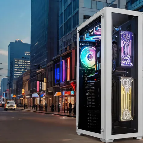 <lora:box-HXZ:0.7>(no humans:1.1), Computer Case,(color fan:1.1),(white appearance:1.1),downtown,street,Skyscraper,lamppost,in_main_street,cityscape,