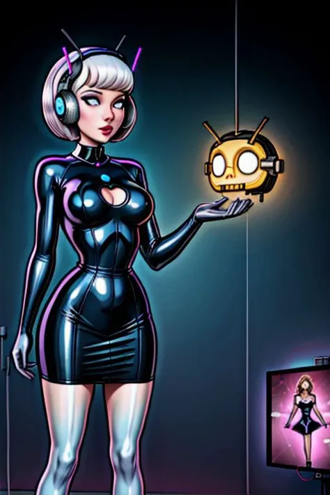 professional detailed (full length) photo of (latex 50s stepford housewife fembot) being (brainwashed by head antennae), (latex 50s stepford housewife dress:1), (high heels:1), (blank eyes:1), (Brainwashing), (Mind Control), (Brainwashing antennae),