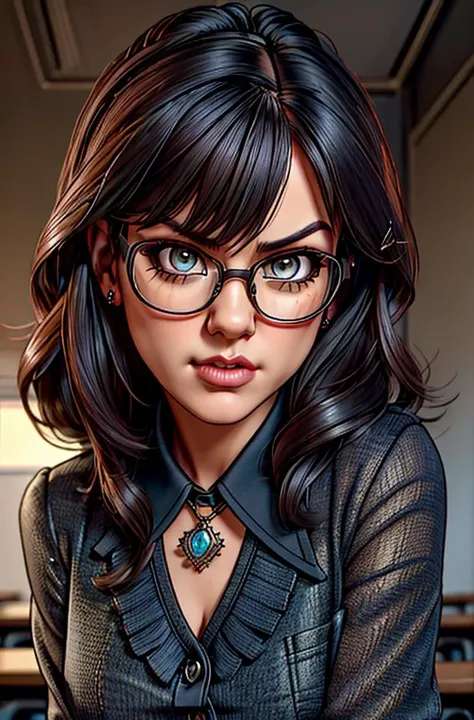 (sfw), photograph of pnnbbr, (face and bust portrait), a beautiful professional teacher (leaning forward) with an ((angry disappointed (furious) accusatory demeanor)) wearing a (detailed and intricate buttoned up professional blouse) in the classroom, glasses, intense eye contact, dangerous mood, highly detailed face, natural skin texture, high quality, masterpiece, absurdres, well lit, by arny freytag, <lora:XenoDetailer:.7>