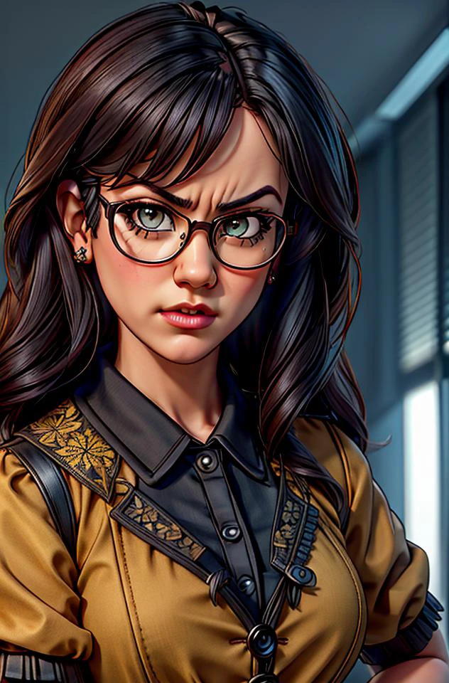 (sfw), photograph of pnnbbr, (face and bust portrait), a beautiful professional teacher (leaning forward) with an ((angry disappointed (furious) accusatory demeanor)) wearing a (detailed and intricate buttoned up professional blouse) in the classroom, glasses, intense eye contact, dangerous mood, highly detailed face, natural skin texture, high quality, masterpiece, absurdres, well lit, by arny freytag, <lora:XenoDetailer:.7>