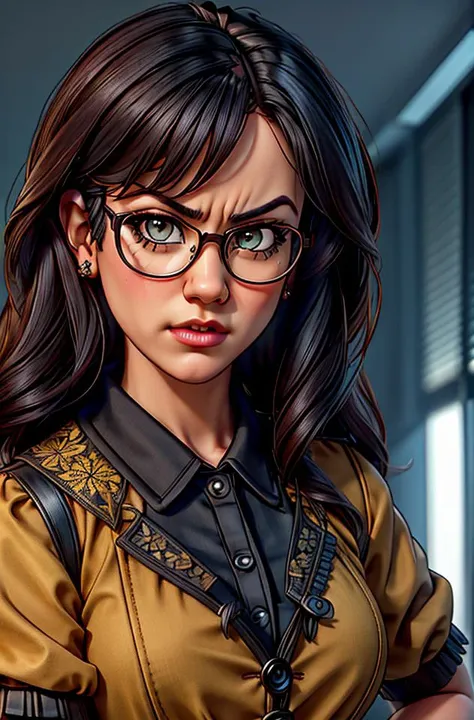 (sfw), photograph of pnnbbr, (face and bust portrait), a beautiful professional teacher (leaning forward) with an ((angry disappointed (furious) accusatory demeanor)) wearing a (detailed and intricate buttoned up professional blouse) in the classroom, glasses, intense eye contact, dangerous mood, highly detailed face, natural skin texture, high quality, masterpiece, absurdres, well lit, by arny freytag,  <lora:XenoDetailer:.7>