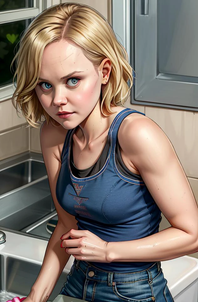 a photo of pill2, (washing the dishes:1.2), cut-off shorts, tank top, real life, beautiful face, (highly detailed face, realistic skin texture), high quality, , sharp focus, masterpiece, absurdres, by artgerm, (by arny freytag), fujifilm xt3