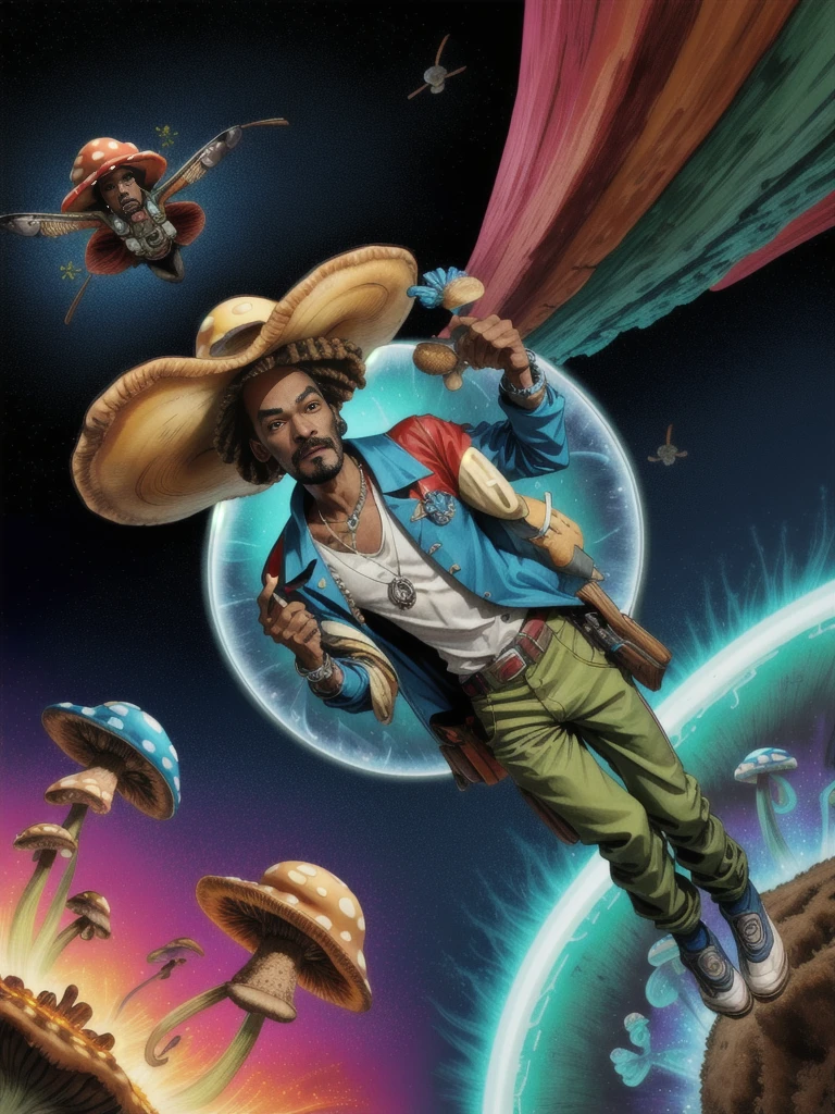 Snoop Dogg, Buckaroo Banzai Across the 5th Dimension, mushrooms, acid, flying pocket watches, vibrant colors, temporal vortex,