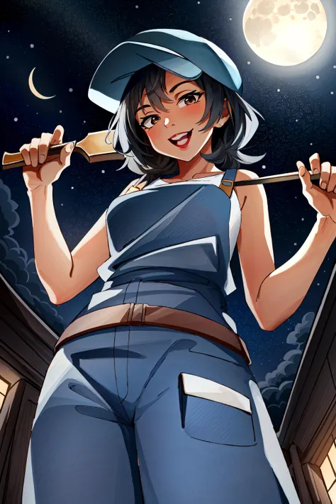 ((best quality)), ((masterpiece)), (detailed),solo, 1girl, from below, audery ramirez, audery, overalls, dark skin, cabbie hat, looking at viewer, happy, (tool belt:1.3), old ruins, night, moon, stars, dark, horror \(theme\), moody lighting, cinematic lighting, (sfw), <lora:aug_chara-10:0.7>