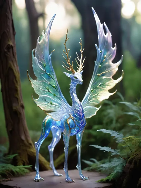 a gigantic creature,crafted from a blend of iridescent glass and tree. Its body is sleek and smooth,shimmering in the light as if made of liquid silver. limbs are slender and graceful ending in pointed tips,fragile,ethereal appearance,strength and resilience,carved from the very essence of the earth itself. eyes are large and expressive,glowing with a soft blue light,From its back sprouts a pair of translucent wings,their edges glinting with tiny flecks of gold and green. nature,sky,jagged,chiseled,