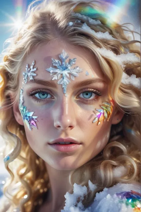 clsoe up photo portrait of a young swedish woman with wavy blonde hair, face art of snow and ice, rainbow Sparkling crystals in the sunlight, stoic cinematic 4k epic detailed photograph, shoot on kodak
