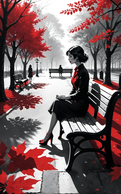 bold artwork,creative use of shadows and textures to create an image using negative space,masterful use of limited colors to create an image of bold contrasts,inventive and whimsical use of camera angles to give new perspective to illustration,"the woman on the park bench",Ultra-HD-details,red leaves