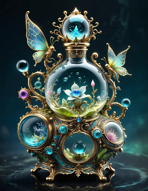 Intricate gorgeous detailed bioluminescent magical and dreamy fairy perfume bottle, breathtaking borderland fantasycore artwork by Android Jones, Jean Baptiste monge, Alberto Seveso, Erin Hanson, Jeremy Mann. maximalist highly detailed and intricate professional_photography, a masterpiece, 8k resolution concept art, Artstation, triadic colors, Unreal Engine 5, cgsociety