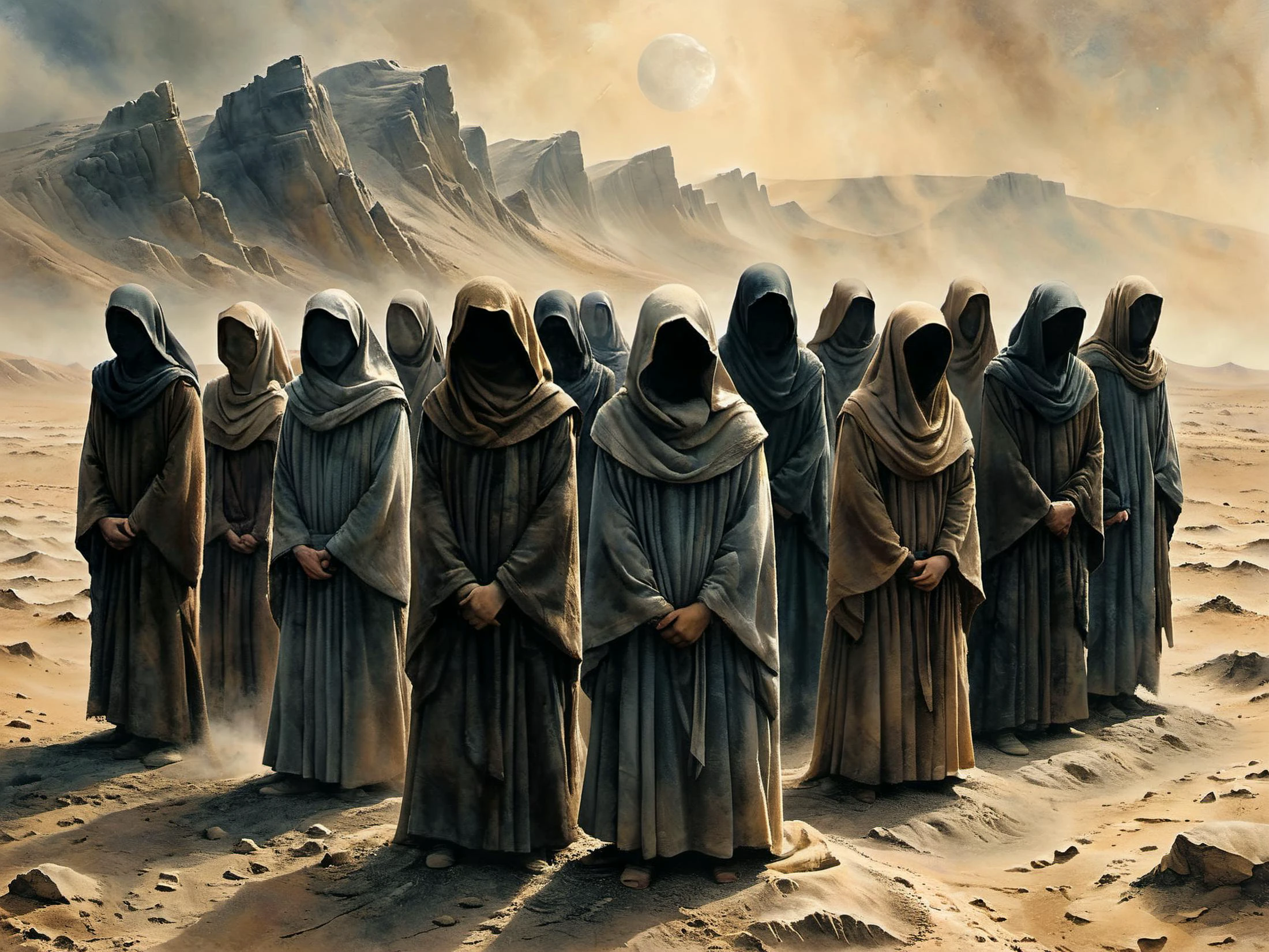 A circle of men and women stand in the dusty desert wearing dull brown robes and hoods, their heads bowed so their faces can't be seen.
Soft watercolor, Viewed from above the ground,
<lora:The_Dark_Side_of_the_Eart:0.8>
<lora:MJ52:0.6>