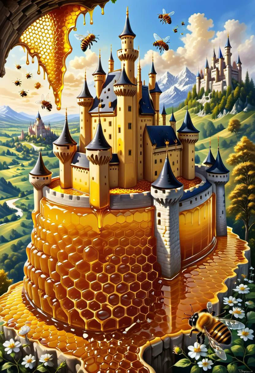 Painting by Truner of beautiful detailed realistic castle that is made with honey everywhere there are magic bees and beehives made of dvr-honey