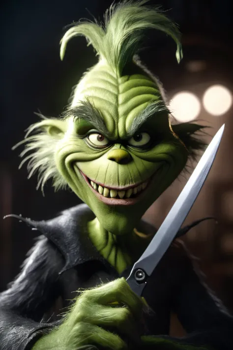 Horror-themed the Grinch holding giant scissors,evil smile,(headshot:1.4),(facing the camera:1.2),(facing straightforward:1.2),(forward facing:1.1),bokeh,photorealistic,raw,8k,intricate details,dramatic light,award winning,RAW photography,film grain,(indistinguishable from reality:1.4),photo taken with a Bolex H16,, glow effects, godrays, Hand drawn, render, 8k, octane render, cinema 4d, blender, dark, atmospheric 8k ultra detailed, cinematic, Sharp focus, big depth of field, Masterpiece, 3d octane render, 8k, concept art, trending on artstation, hyperrealistic, extremely detailed CG unity 8k wallpaper, trending on CGSociety, Intricate, High Detail, dramatic . Eerie, unsettling, dark, spooky, suspenseful, grim, highly detailed