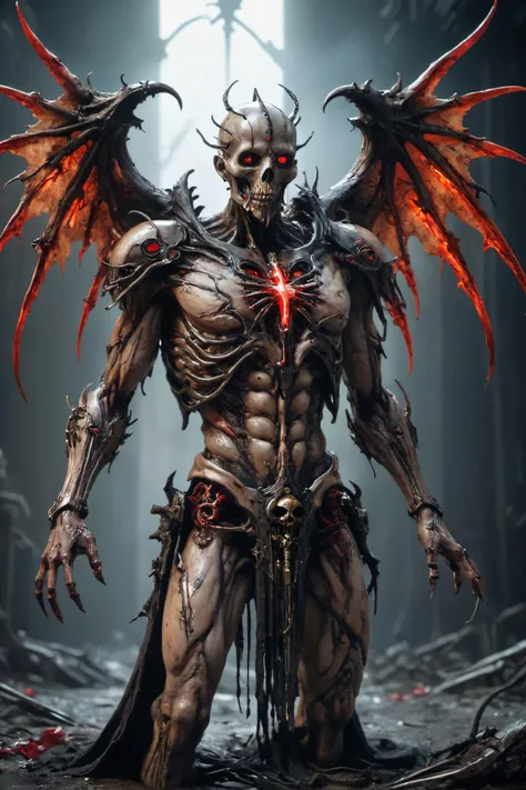 Dystopian style Horror-themed realistic photo of a evil demon with rotting angel wings and holding a scythe,glowing red upside down cross on chest piece,unreal engine 5 quality render cinematic lighting 8k resolution concept art by giger trending on cgsociety,dramatic light,hdr,vivid color scheme,cyberpunk,neon noir style,sci-fi atmosphere,hyper realism,octane,god rays,volumetric,golden ratio,cool 4d,retrowave,in the year 2021,award winning masterpiece,depth,deep focus,black metal,true to life,natural skin,high detailed body,very detailed scene,shadows,detailed background,highly detailed skin,accurate to life,living image,amazingly lifelike .,glow effects,godrays,Hand drawn,render,8k,octane render,cinema 4d,blender,dark,atmospheric 4k ultra detailed,cinematic,Sharp focus,big depth of field,Masterpiece,colors,3d octane render,4k,concept art,trending on artstation,hyperrealistic,Vivid colors,extremely detailed CG unity 8k wallpaper,trending on CGSociety,Intricate,High Detail,dramatic . Eerie,unsettling,dark,spooky,suspenseful,grim,highly detailed,, Ultra-HD-details, true to life,natural skin,high detailed body,very detailed scene,shadows,detailed background,highly detailed skin,accurate to life,living image,amazingly lifelike . Bleak, post-apocalyptic, somber, dramatic, highly detailed, Ultra-HD-details, glow effects, godrays, Hand drawn, render, 8k, octane render, cinema 4d, blender, dark, atmospheric 4k ultra detailed, cinematic, Sharp focus, big depth of field, Masterpiece, colors, 3d octane render, 4k, concept art, trending on artstation, hyperrealistic, Vivid colors, extremely detailed CG unity 8k wallpaper, trending on CGSociety, Intricate, High Detail, dramatic