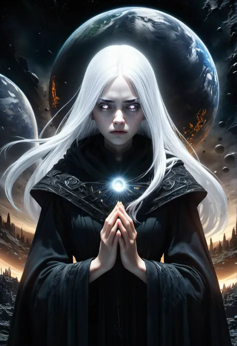Horror-themed (masterpiece, best quality, ultra-detailed, best shadow),very high contrast,(best illumination),((earth and space)),((crowded detailed background:1.2)),1girl (white hair, silver eyes, sadness. cloaked, lifeless, dark clothes, corrupted),universe,divine,(mystic) symmetric,fractals,whole body,lifeless,tortured,cloaked,zoomed out,die,dark,, glow effects, godrays, Hand drawn, render, 8k, octane render, cinema 4d, blender, dark, atmospheric 4k ultra detailed, cinematic, Sharp focus, big depth of field, Masterpiece, colors, 3d octane render, 4k, concept art, trending on artstation, hyperrealistic, Vivid colors, extremely detailed CG unity 8k wallpaper, trending on CGSociety, Intricate, High Detail, dramatic . Eerie, unsettling, dark, spooky, suspenseful, grim, highly detailed