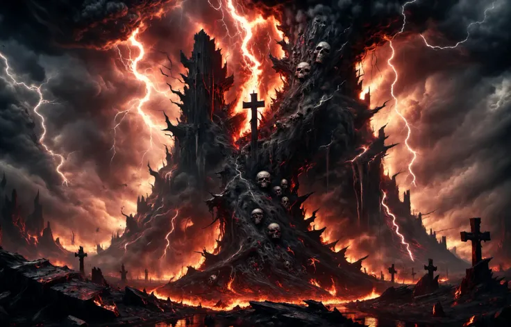 concept art a bleak abysmal landscape in hades,a monolith black cross,black clouds,skulls,demons,crimson sky,fires burning,multiple bolts of lightning striking the cross,<lora:xl_more_art-full_v1:0.7>,glow effects,godrays,Hand drawn,render,8k,octane render,cinema 4d,blender,dark,atmospheric 8k ultra detailed,cinematic,Sharp focus,big depth of field,Masterpiece,3d octane render,8k,concept art,trending on artstation,hyperrealistic,extremely detailed CG unity 8k wallpaper,trending on CGSociety,Intricate,High Detail,dramatic . digital artwork,illustrative,painterly,matte painting,highly detailed,<lora:EdobHorrorLandscape_XL_v1.0:1>,EdobHorrorLandscape,