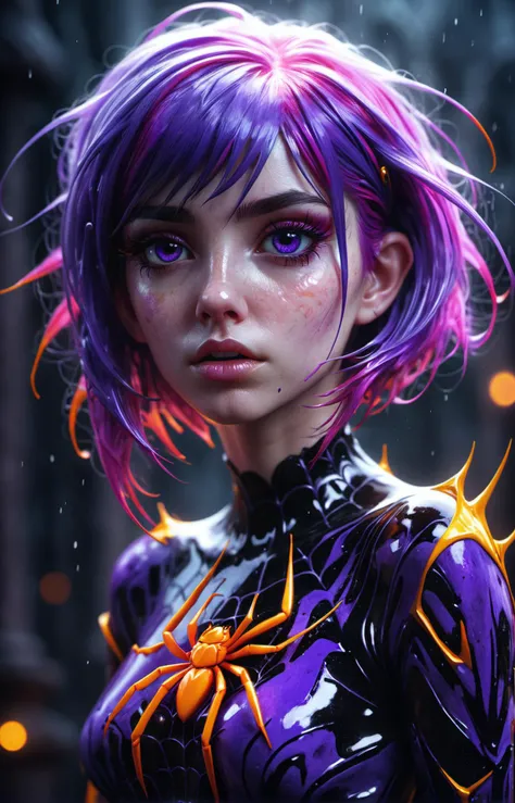 (best quality:1.04),Beautiful,a painting by Agnes Cecile,a spider girl,solo,Neon Purple hair,have a neat figure,[short dress:0.2],[Castle of the vampire:0.4],intricate,elegant,highly detailed,sharp focus,, glow effects, godrays, Hand drawn, render, 8k, octane render, cinema 4d, blender, dark, atmospheric 4k ultra detailed, cinematic, Sharp focus, big depth of field, Masterpiece, colors, 3d octane render, 4k, concept art, trending on artstation, hyperrealistic, Vivid colors, extremely detailed CG unity 8k wallpaper, trending on CGSociety, Intricate, High Detail, dramatic