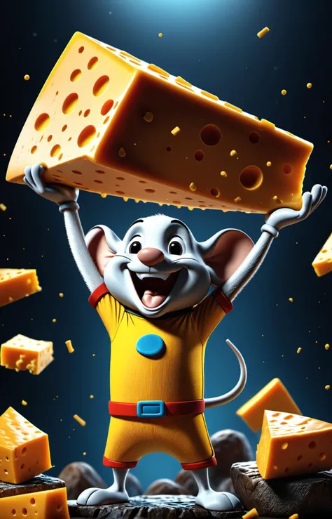 Mighty Mouse, cinematic reenactment,holding a large wedge of cheddar cheese above his head,flexing,smiling, glow effects, godrays, Hand drawn, render, 8k, octane render, cinema 4d, blender, dark, atmospheric 4k ultra detailed, cinematic, Sharp focus, big depth of field, Masterpiece, colors, 3d octane render, 4k, concept art, trending on artstation, hyperrealistic, Vivid colors, extremely detailed CG unity 8k wallpaper, trending on CGSociety, Intricate, High Detail, dramatic